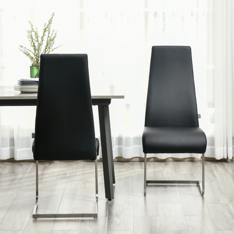 HOMCOM Set of 2 Dining Chairs High Back PU Leather Upholstered Accent Chairs for Kitchen Living Room with Cantilever Steel Frame, Black