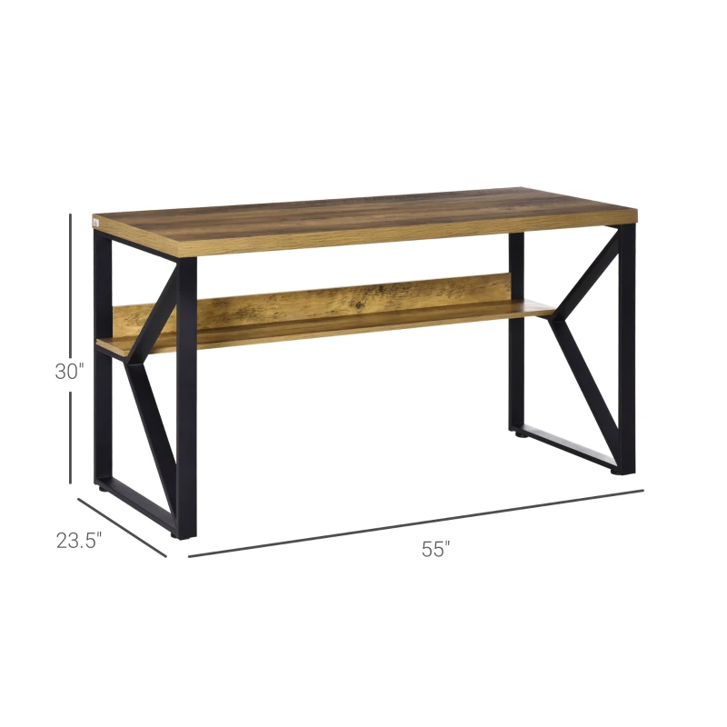 HOMCOM 55”  Computer Writing Desk, Corner Workstation, Laptop Table with K-Shaped Steel Leg and Storage Shelf, Brown and Black