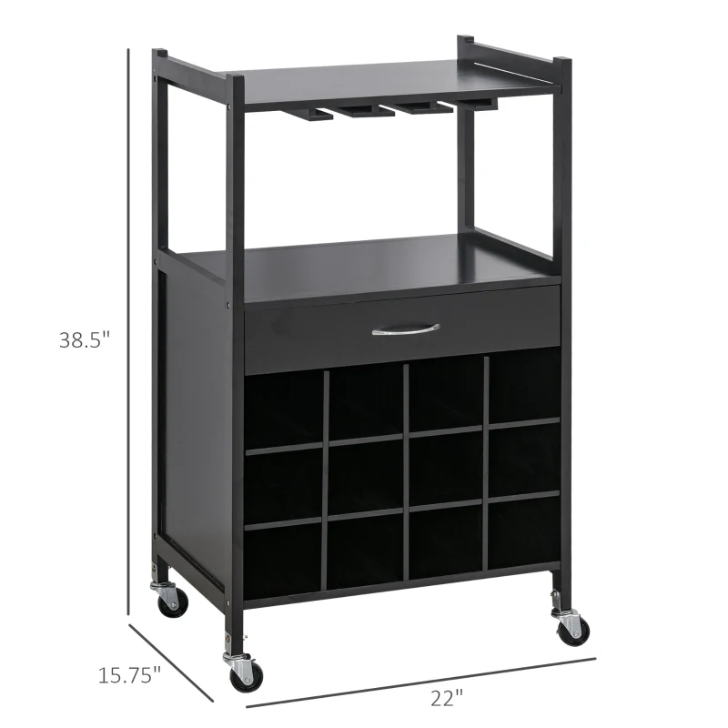 HOMCOM Rolling Kitchen Trolley Serving Cart with Drawer, Cup Holder and Wine Rack Storage Cabinet Kitchen Island Cart with Wheels, Black
