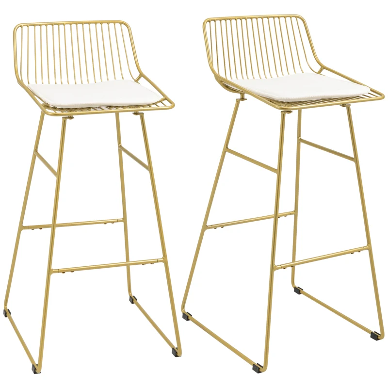 HOMCOM Modern Bar Stools Set of 2, Metal Wire Bar Height Barstools, Bar Chairs for Kitchen with Removable Cushion, Back and Footrest, Gold