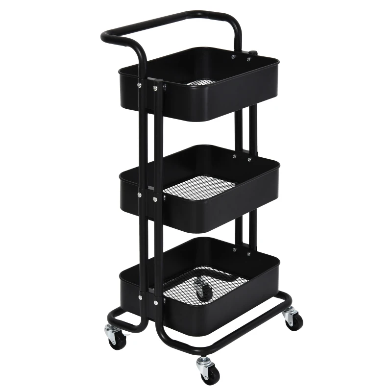 HOMCOM 3-Tier Rolling Serving Cart Utility Kitchen Trolley Storage Cart Multifunction Organizer Shelving Units with Wheels, Black