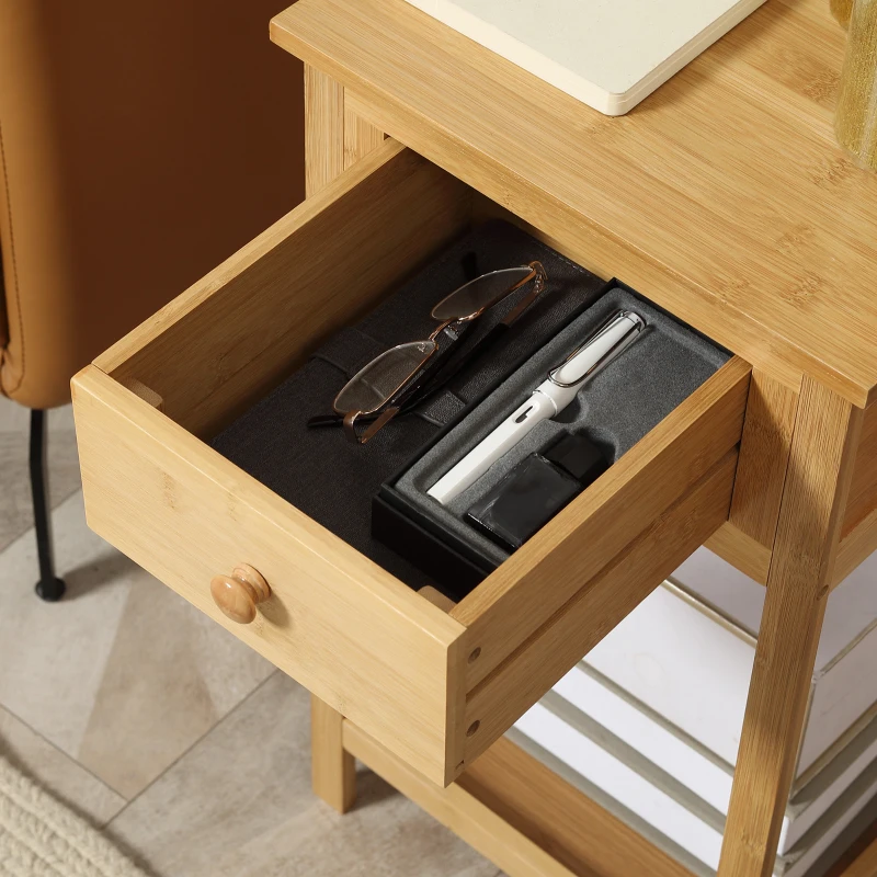 HOMCOM Bamboo Side Table with Drawer and Storage Shelf, Slim End Table Nightstand for Small Spaces, Natural