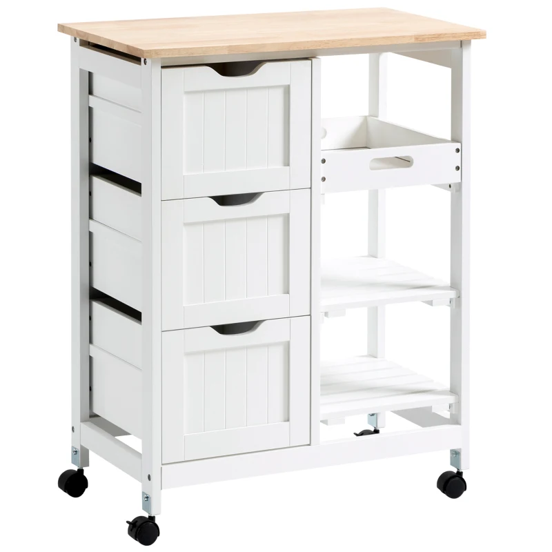 HOMCOM Rolling Kitchen Island Cart, Bar Serving Cart, Compact Trolley on Wheels with Wood Top, Shelves and Drawers (White)
