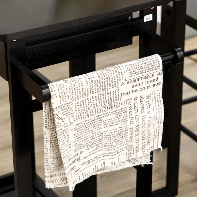 HOMCOM Bamboo Breakfast Cart 3 Piece Kitchen Trolley with Drop Leaf Table and 2 Square Stools, Coffee Brown