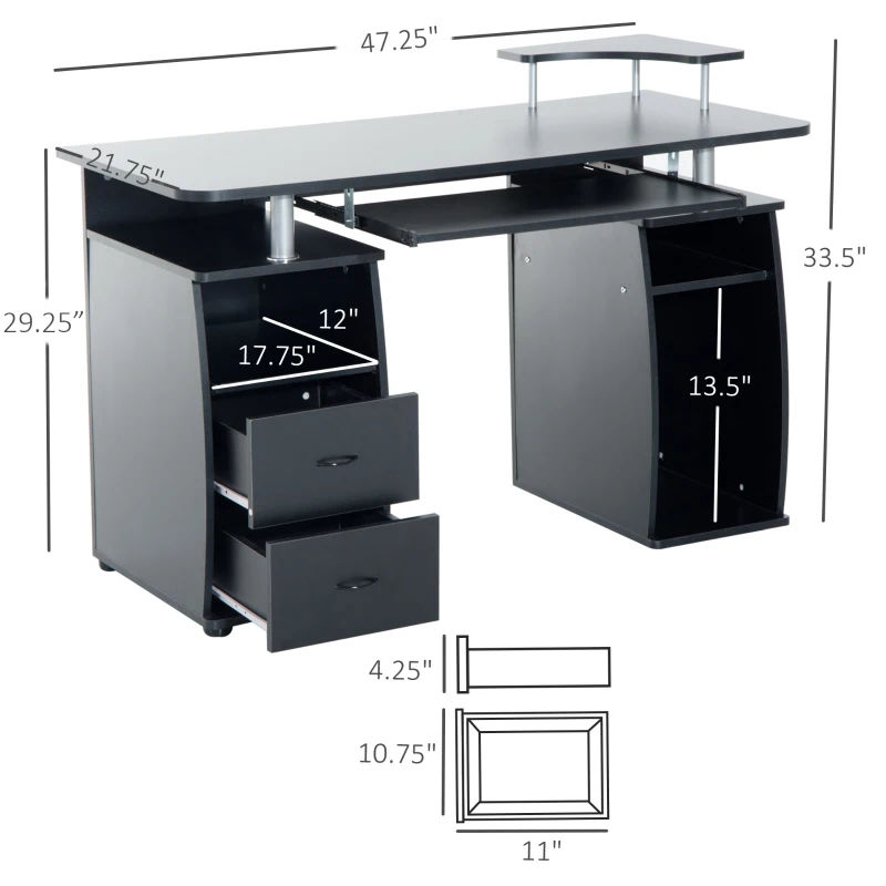 HOMCOM Computer Table Desk PC Desktop Drawer Home Office Furniture Black