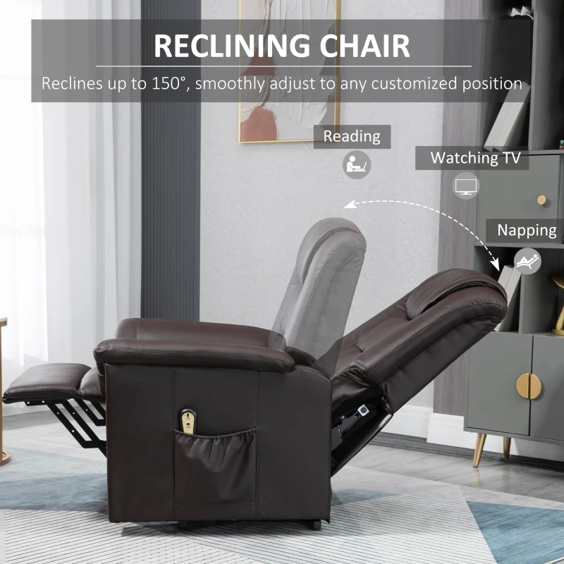 HOMCOM Electric Power Lift Chair for Elderly, PU Leather Recliner Sofa with Footrest and Remote Control for Living Room, Brown