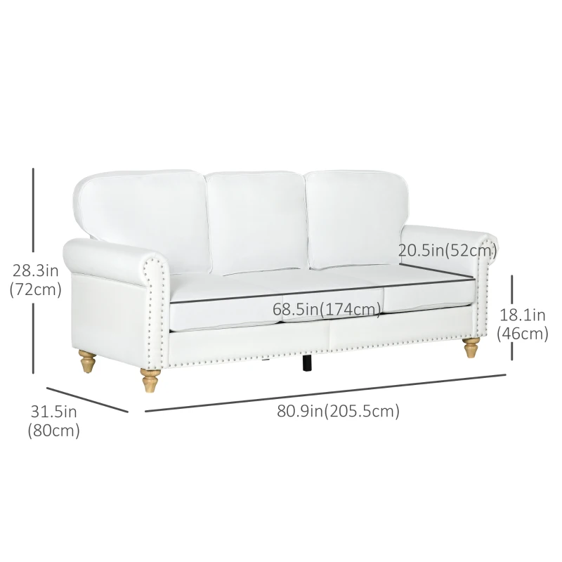 HOMCOM 3-Seater Sofa Couch, 81" Modern Upholstered Linen Fabric Sofa with Rubberwood Legs, Nailhead Trim and Rolled Arms for Living Room, Bedroom and Apartment, White