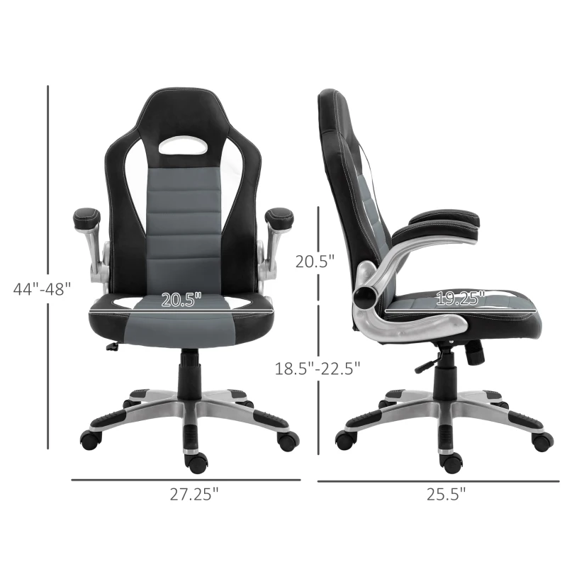 HOMCOM Racing Gaming Chair PU Leather Office Chair Executive Computer Desk Chair with Adjustable Height, Flip Up Armrest, Swivel Wheels, Grey