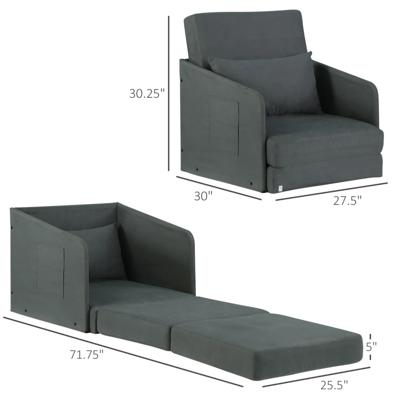HOMCOM Faux Suede Sofa Bed Single Sofa Armchair Soft Floor Sleeper Lounger Futon Couch W/ Pillow and Pocket, Grey