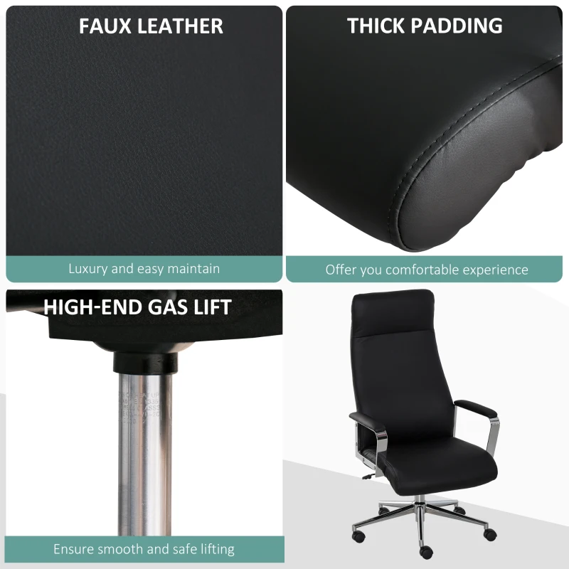 Vinsetto Office Chair Faux Leather High-Back Rocker Swivel Computer Desk Chair with Wheels, Steel Base, Black