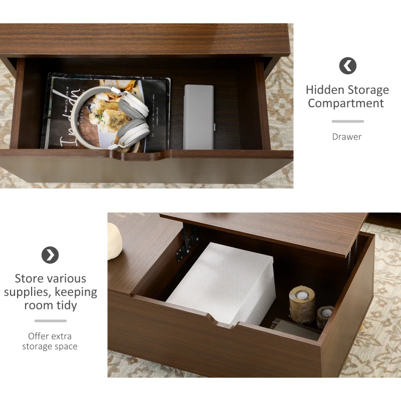 HOMCOM Coffee Table with Wood Legs, Lift Top Coffee Table with Drawer, Hidden Compartment, 38.6" x 21.3" x 18.9", Brown