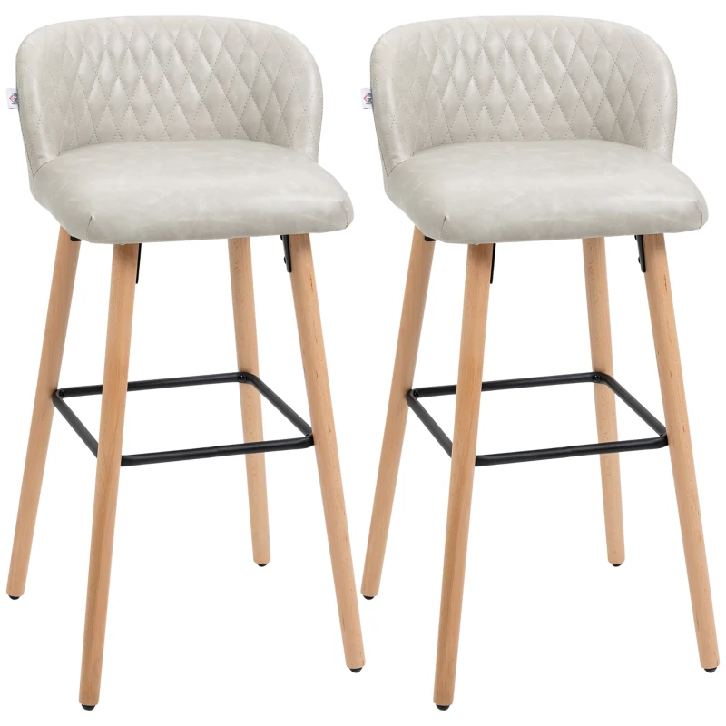 HOMCOM Bar Stool Set of 2 PU Leather Padded Counter Height Bar Stools with Footrest and Adjustable Feet for Home Kitchen White