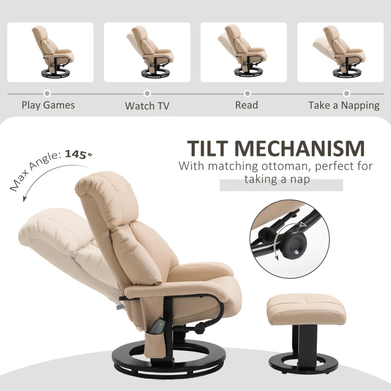 HOMCOM Massage Recliner Ottoman Set Electronic Reclining Chair with Footrest 10 Vibration Motor Swivel Wood Base Beige