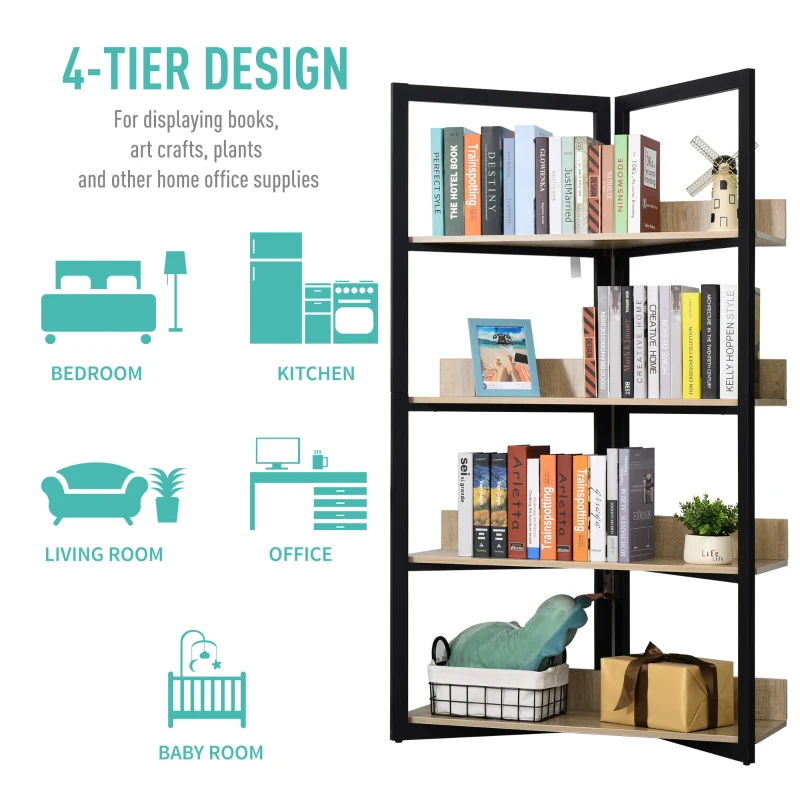 HOMCOM 4-Tier Freestanding Bookcase Bookshelf, Metal Frame Wooden Storage Organizer Shelf with Anti-toppling Design for Home Office, Oak & Black