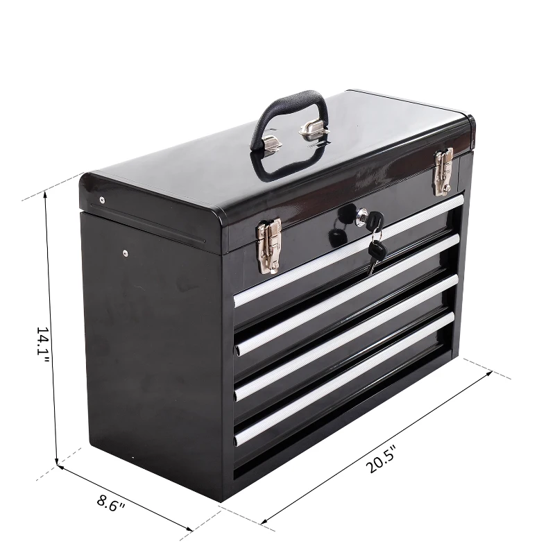 HOMCOM Tool Chest 4 Drawer Storage Toolbox Top Compartment Lockable Organizer Portable Garage Black