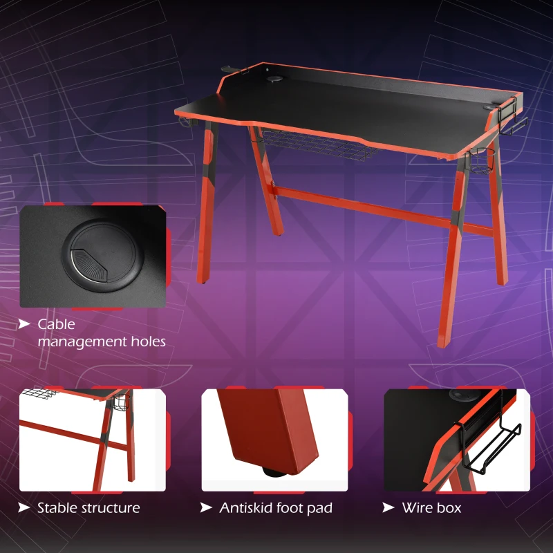 HOMCOM 55" Gaming Desk Gaming Table Home Office Desk with Durable Steel Frame, Game Station with Earphone Hook, Cup Holder, Under Table Wire Box, Game Handle Holder, Black