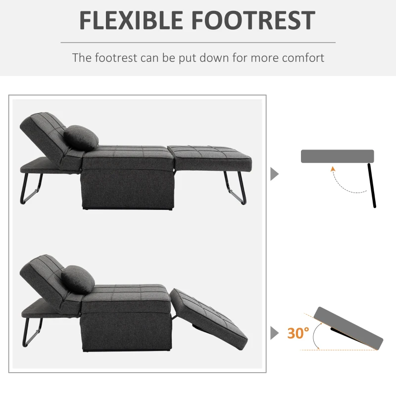 HOMCOM 3-in-1 Convertible Sleeper Sofa Bed Guest Bed Cot Lounge Chair Footstool with 5-Position Backrest Pillow, Linen Grey