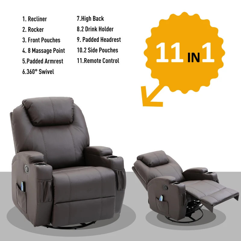 HOMCOM Faux Leather Recliner Chair with Massage, Vibration, Muti-function Padded Sofa Chair with Remote Control, 360 Degree Swivel Seat with Dual Cup Holders, Brown