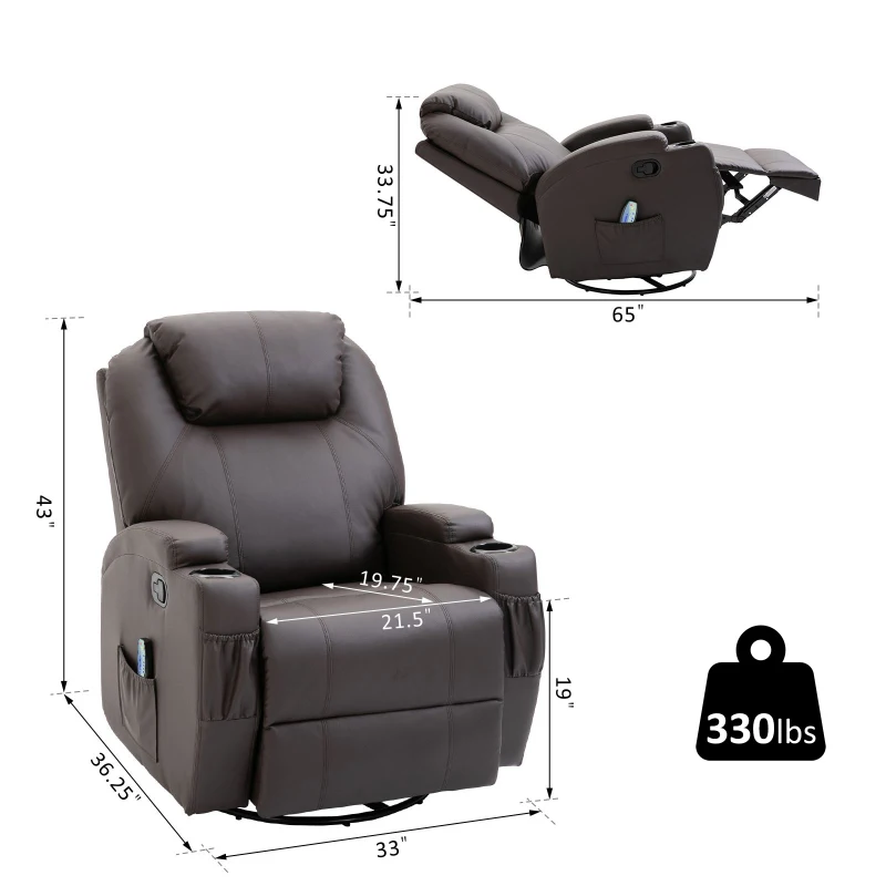 HOMCOM Faux Leather Recliner Chair with Massage, Vibration, Muti-function Padded Sofa Chair with Remote Control, 360 Degree Swivel Seat with Dual Cup Holders, Brown