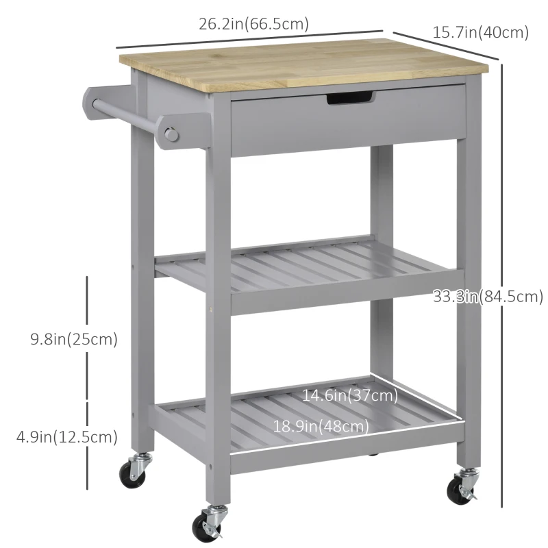 HOMCOM Rolling Kitchen Cart, Utility Storage Cart with Drawer, 2 Slatted Shelves and Towel Rack for Dining Room, Grey