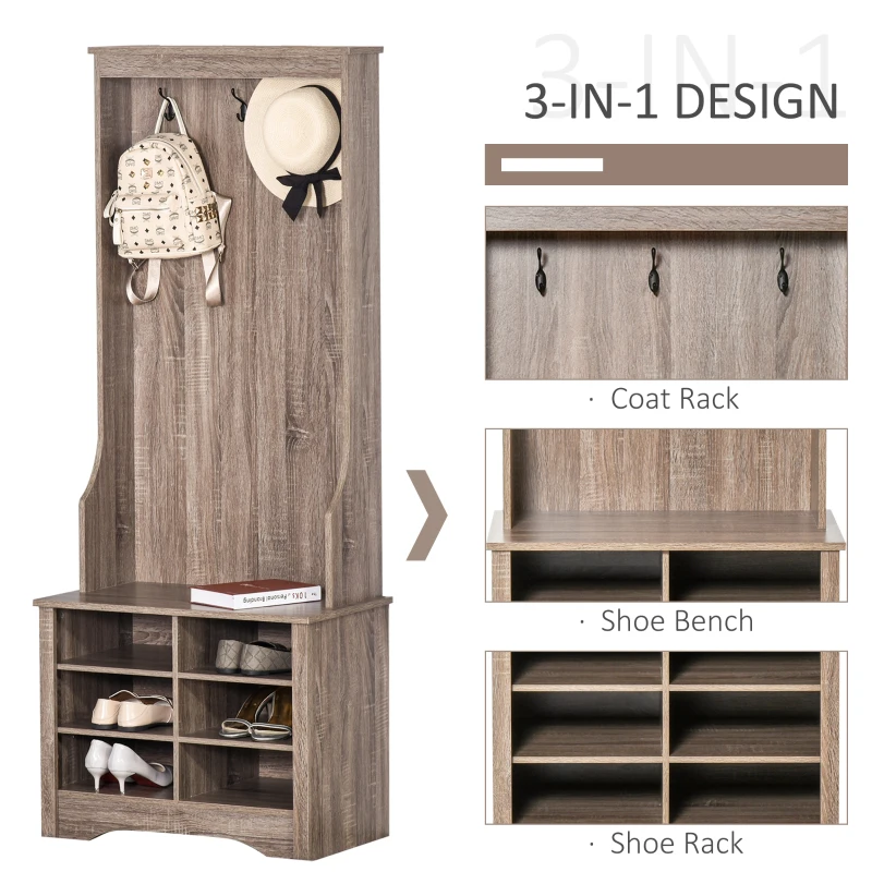 HOMCOM Coat Rack Wooden Hall Tree Storage Organizer Shoe Bench with Rack 3 Hooks for Hallway Foyer Bedroom Living Room Brown