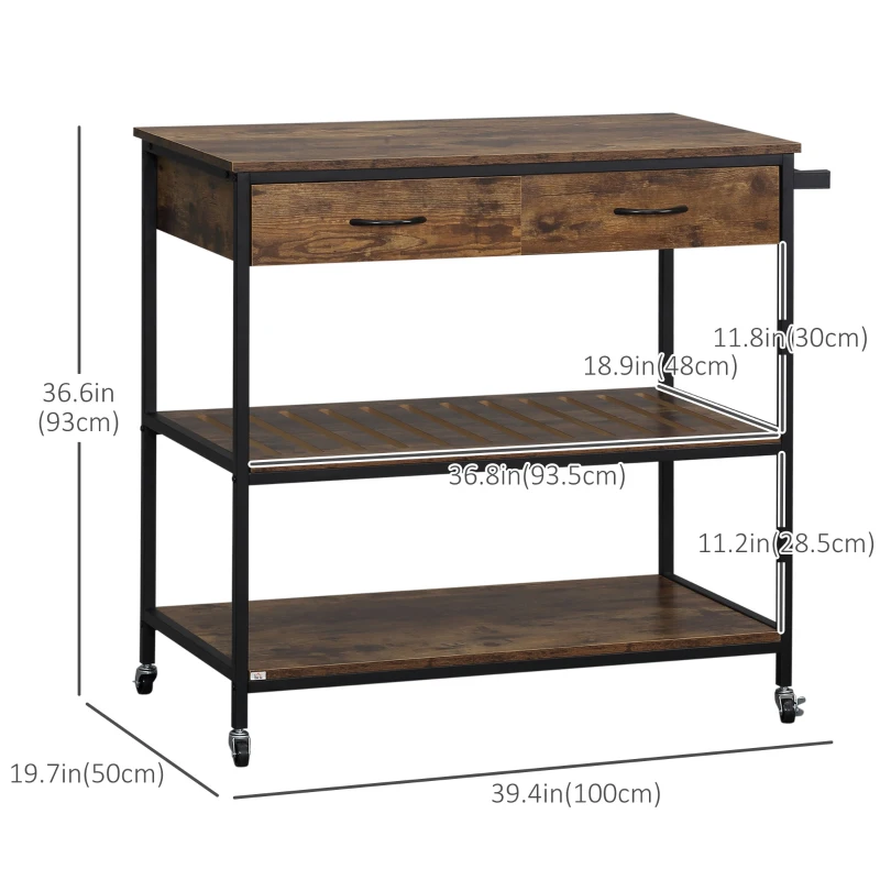 HOMCOM Industrial Kitchen Island with Storage, Kitchen Cart with Drawers, Storage Shelves, Towel Rack, Metal Frame for Dining Room, Living Room,Rustic Brown