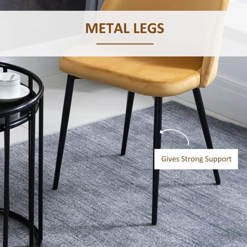 HOMCOM Set of 2 Mid-Back Dining Chair, Mid-Back Velvet-touch Upholstery Kitchen Chair for Living Room Dining Room, Yellow