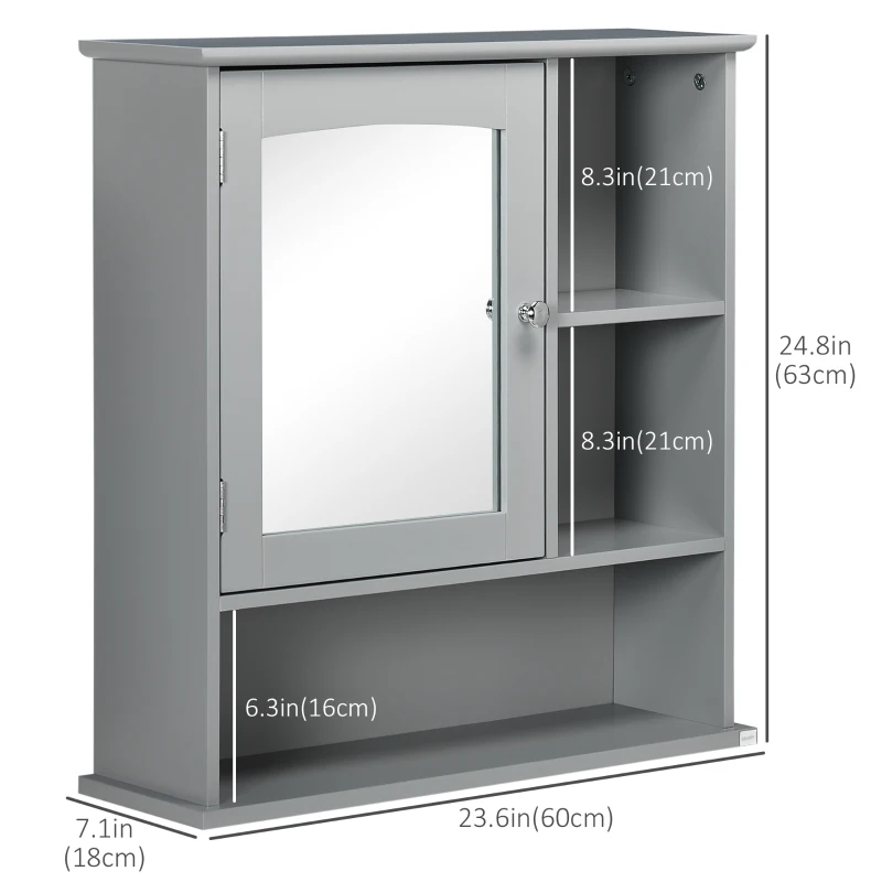 kleankin Wall-Mounted Medicine Cabinet, Bathroom Mirror Cabinet with Doors and Storage Shelves, Grey