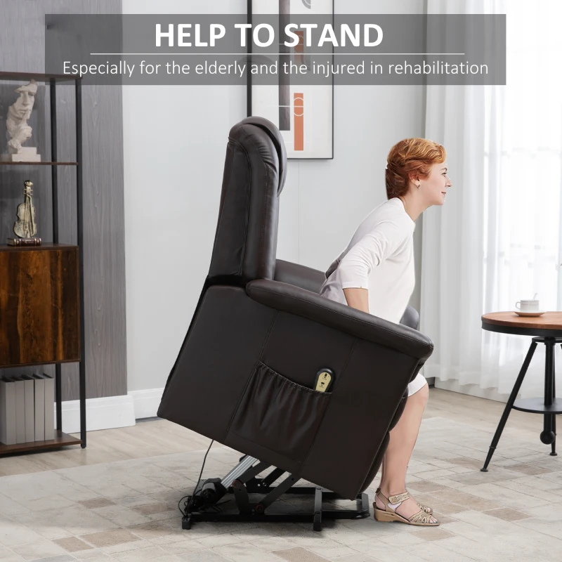 HOMCOM Electric Power Lift Chair for Elderly, PU Leather Recliner Sofa with Footrest and Remote Control for Living Room, Brown