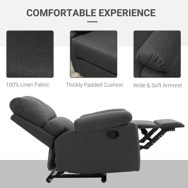 HOMCOM Single Recliner Sofa Lounge Linen Fabric Manual Adjustable Reclining Armchair with Padded Back for Home Theater, Living Room, Charcoal Grey