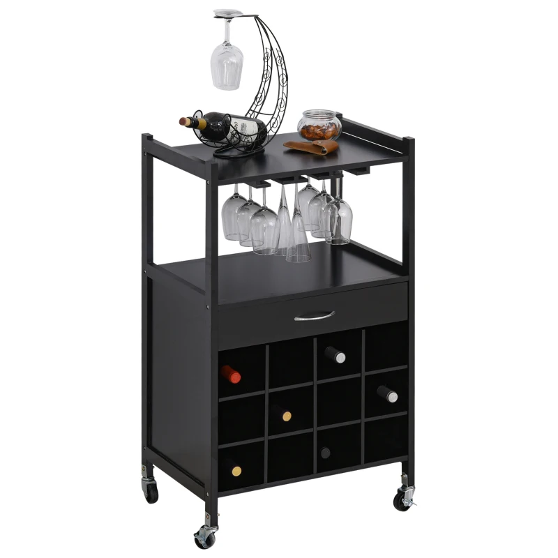 HOMCOM Rolling Kitchen Trolley Serving Cart with Drawer, Cup Holder and Wine Rack Storage Cabinet Kitchen Island Cart with Wheels, Black