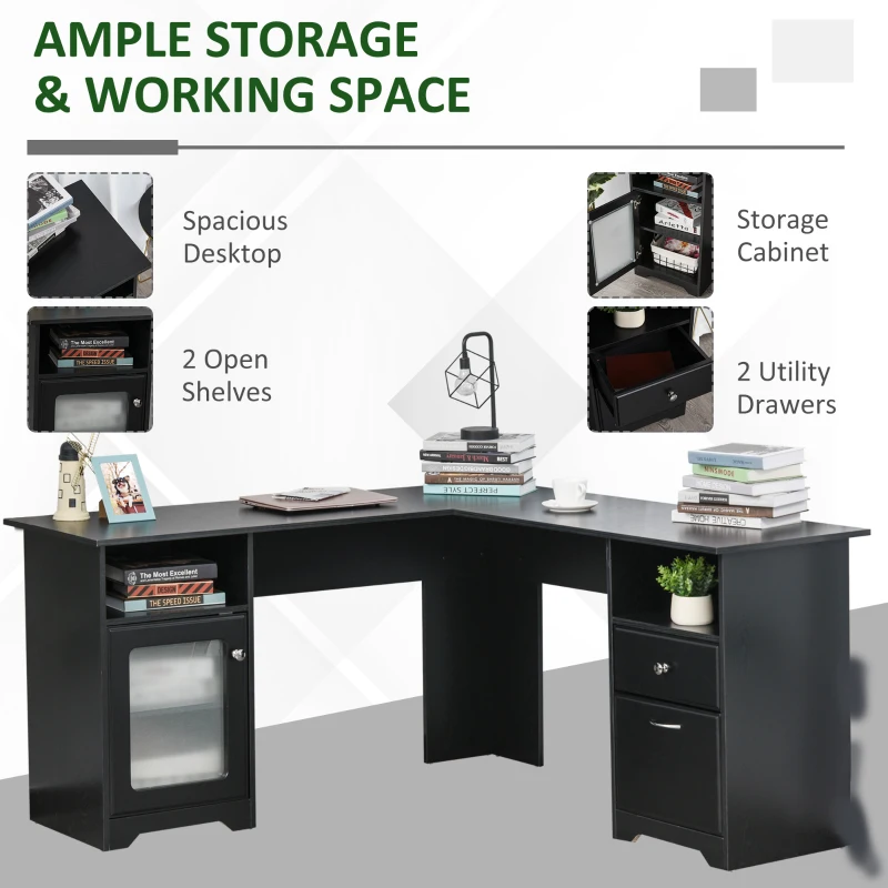 HOMCOM L-Shaped Corner Computer Desk  PC Workstation Student Writing Table with Storage Shelf & Drawers for Home Office