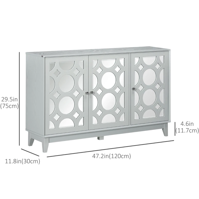 HOMCOM Sideboard Kitchen Buffet Table with 3 Mirrored Doors, 2 Cabinets  and Adjustable Shelf, Gray