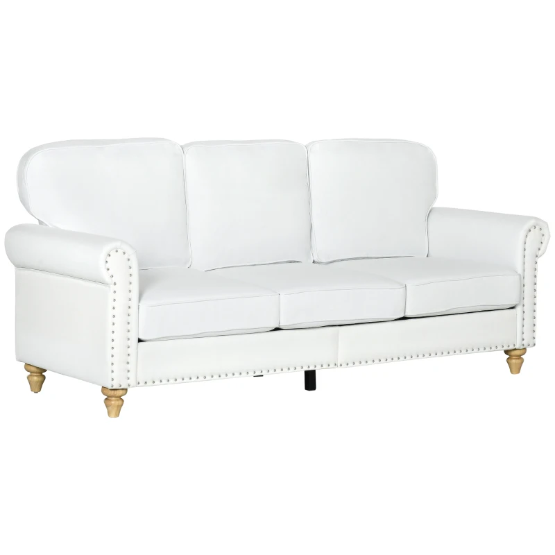 HOMCOM 3-Seater Sofa Couch, 81" Modern Upholstered Linen Fabric Sofa with Rubberwood Legs, Nailhead Trim and Rolled Arms for Living Room, Bedroom and Apartment, White