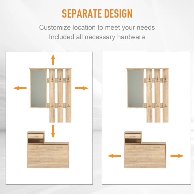 HOMCOM 3-in-1 Coat Rack Set, Entryway Bench Organizer Shoes Cabinet Storage Shelf Mirrored with 6 Hooks Coat Rack, For Hallway Entrance Use, Wood
