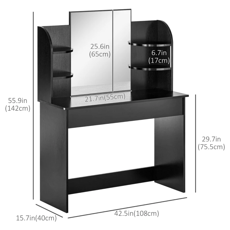 HOMCOM Vanity Desk with Mirror, Makeup Vanity with Open Shelves and Drawer, Dressing Table for Bedroom, Black