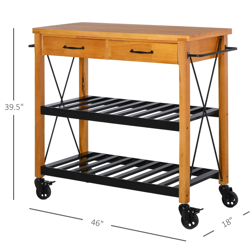 HOMCOM 46" Rolling Kitchen Cart Island on Wheels Trolley, Cabinet with 2 Drawers, Storage Shelf, Natural Rubberwood Top, Black