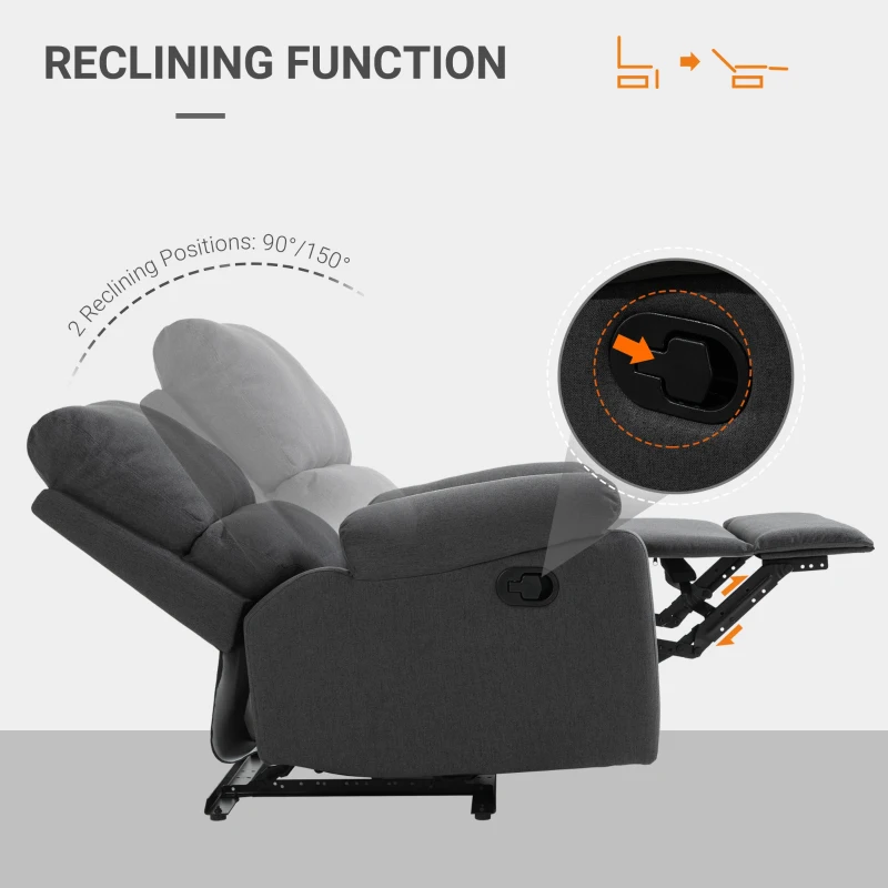 HOMCOM Single Recliner Sofa Lounge Linen Fabric Manual Adjustable Reclining Armchair with Padded Back for Home Theater, Living Room, Charcoal Grey