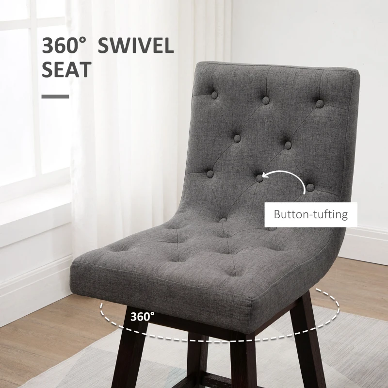 HOMCOM Counter Height Bar Stools, Swivel Bar Chairs, 25.5" High Fabric Tufted Breakfast Barstools for Kitchen, Set of 2, Gray