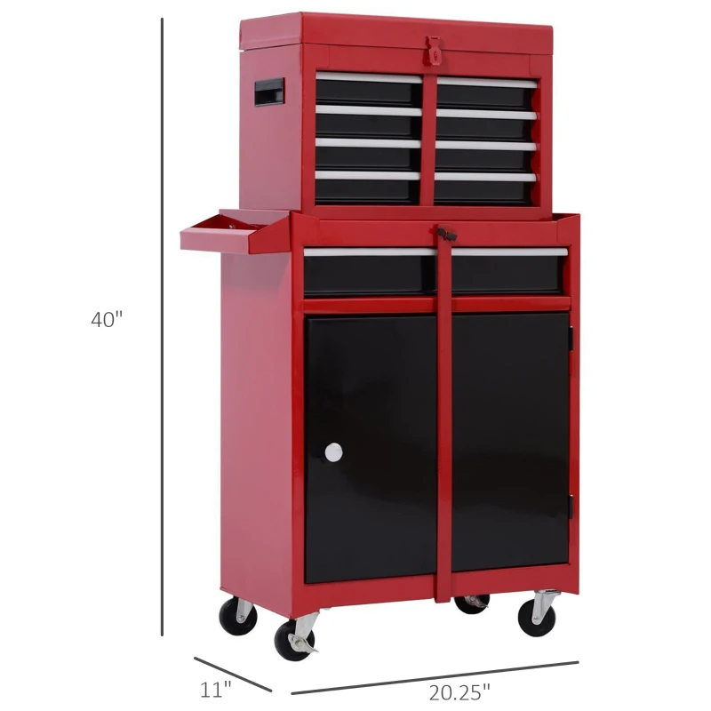 HOMCOM 20-Inch 2-in-1 Rolling Tool Cart Wheeled Storage Cabinet Organizer with Drawers - Black/Red