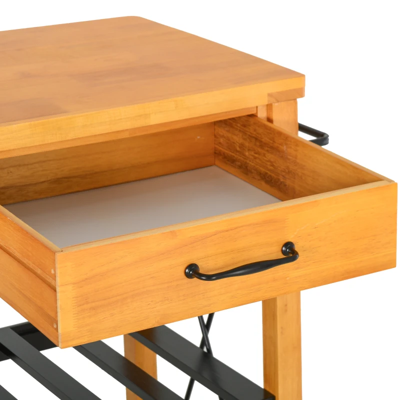 HOMCOM 46" Rolling Kitchen Cart Island on Wheels Trolley, Cabinet with 2 Drawers, Storage Shelf, Natural Rubberwood Top, Black