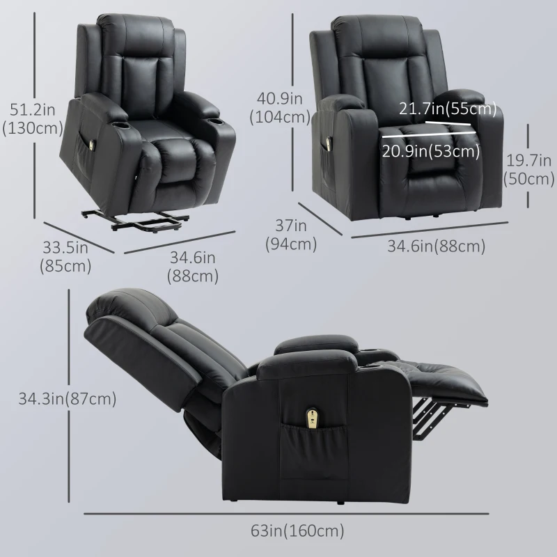 HOMCOM PU Leather Electric Power Lift Chair for Elderly Recliner Sofa with Cup Holders and Footrest (Black)