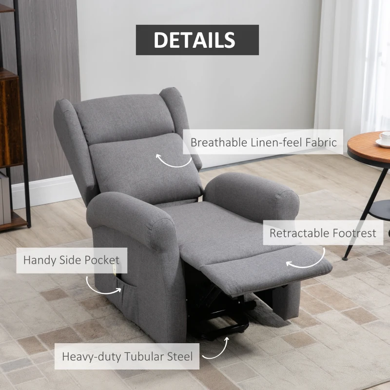 HOMCOM Power Lift Recliner Chair for Elderly Linen Electric Reclining Sofa Chair with Side Pockets Footrest (Grey)