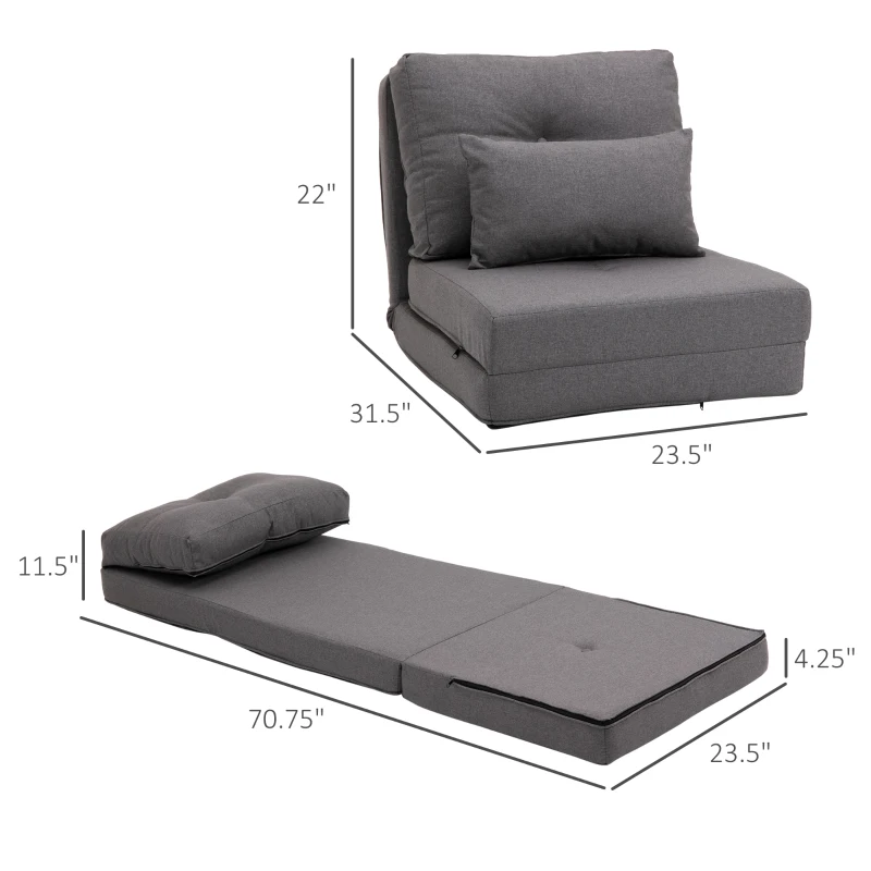 HOMCOM 2-In-1 Design Modern Style Floor Lazy Sofa with 5 Position Adjustable Backrest, Thick Padding, Metal Frame and 2 Pillows, for Living Room, Study, Bedroom, Balcony, Dark Grey