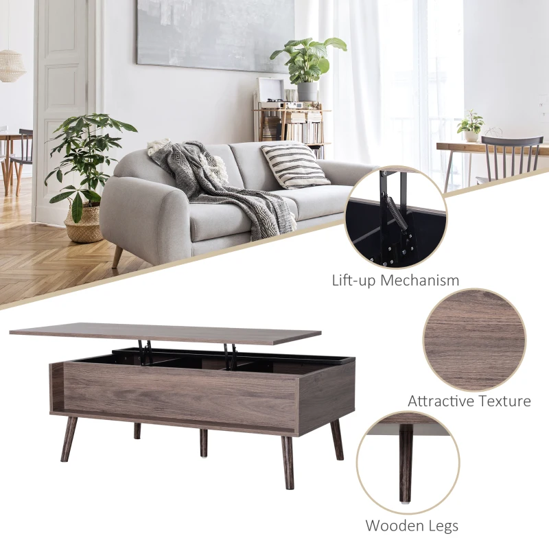 HOMCOM Lift Top Coffee Table with Hidden Compartment Storage Shelf, Modern Wood Solid Metal Frame Home Living Room Furniture Cocktail Table, Wood Grain Grey