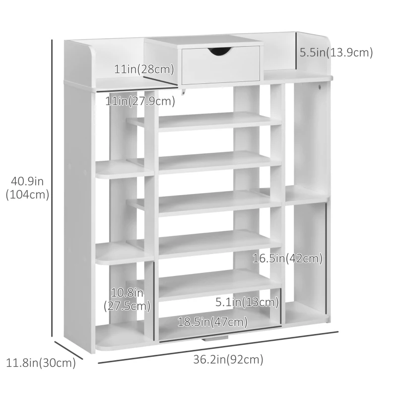 HOMCOM 7-Tier Shoe Rack, Shoe Storage Organizer with Drawer and 11 Open Shelves for 17 Pairs of Shoes, Space Saving Shoe Shelf for Hallway and Living Room, White