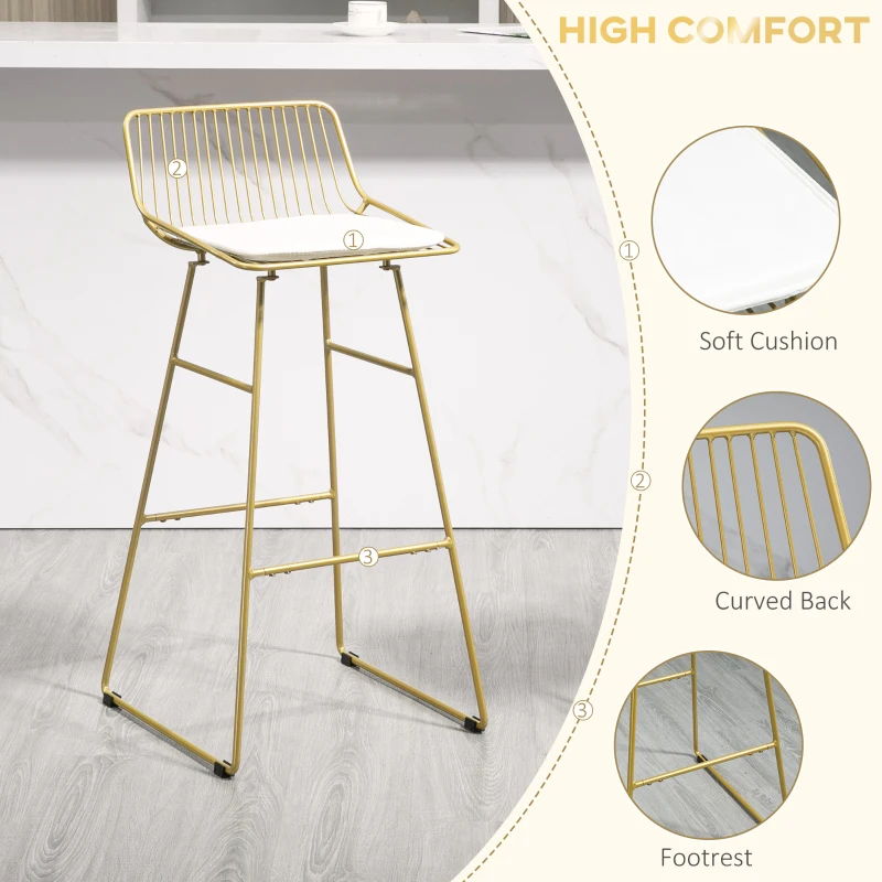 HOMCOM Modern Bar Stools Set of 2, Metal Wire Bar Height Barstools, Bar Chairs for Kitchen with Removable Cushion, Back and Footrest, Gold