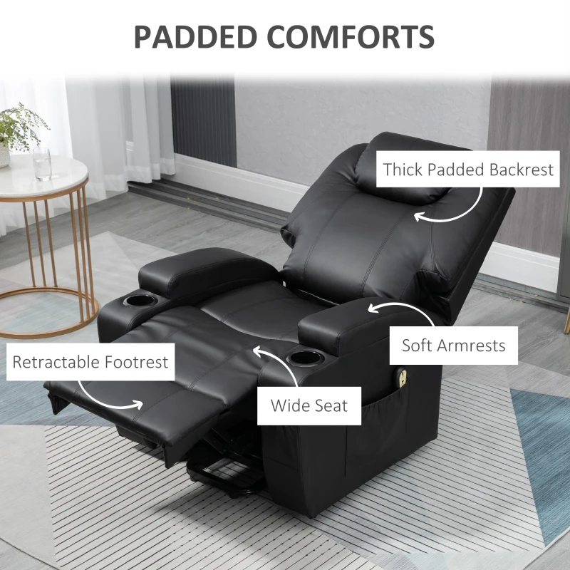 HOMCOM PU Leather Power Lift Chair for Elderly with Cup Holders Side Pockets Footrest and Remote Control (Black)