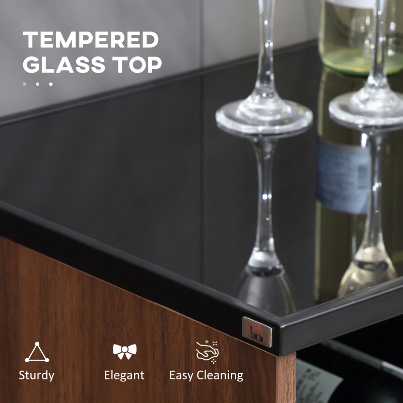 HOMCOM Industrial Wine Bar Cabinet, Liquor Cabinet for 6 Bottles, Sideboard with Sliding Door, Tempered Glass Top, Adjustable Shelf for Home Bar, Dining Room, Walnut