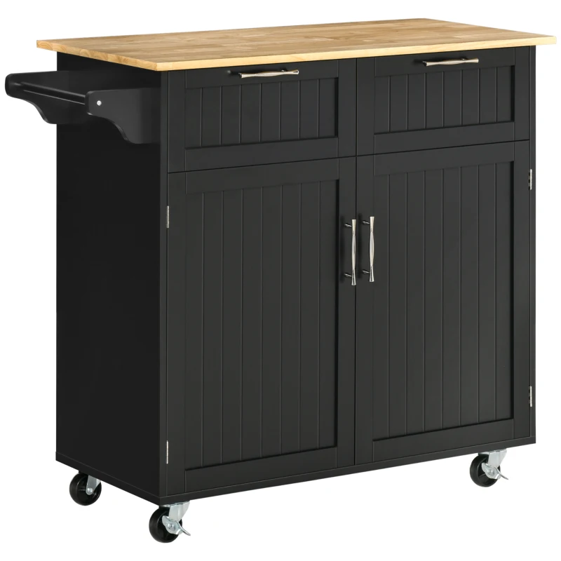 HOMCOM Rolling Kitchen Island, Kitchen Cart on Wheels with 2 Storage Drawers, 2 Door Cabinets and Towel Rack for Dining Room (Black, 2-Doors)